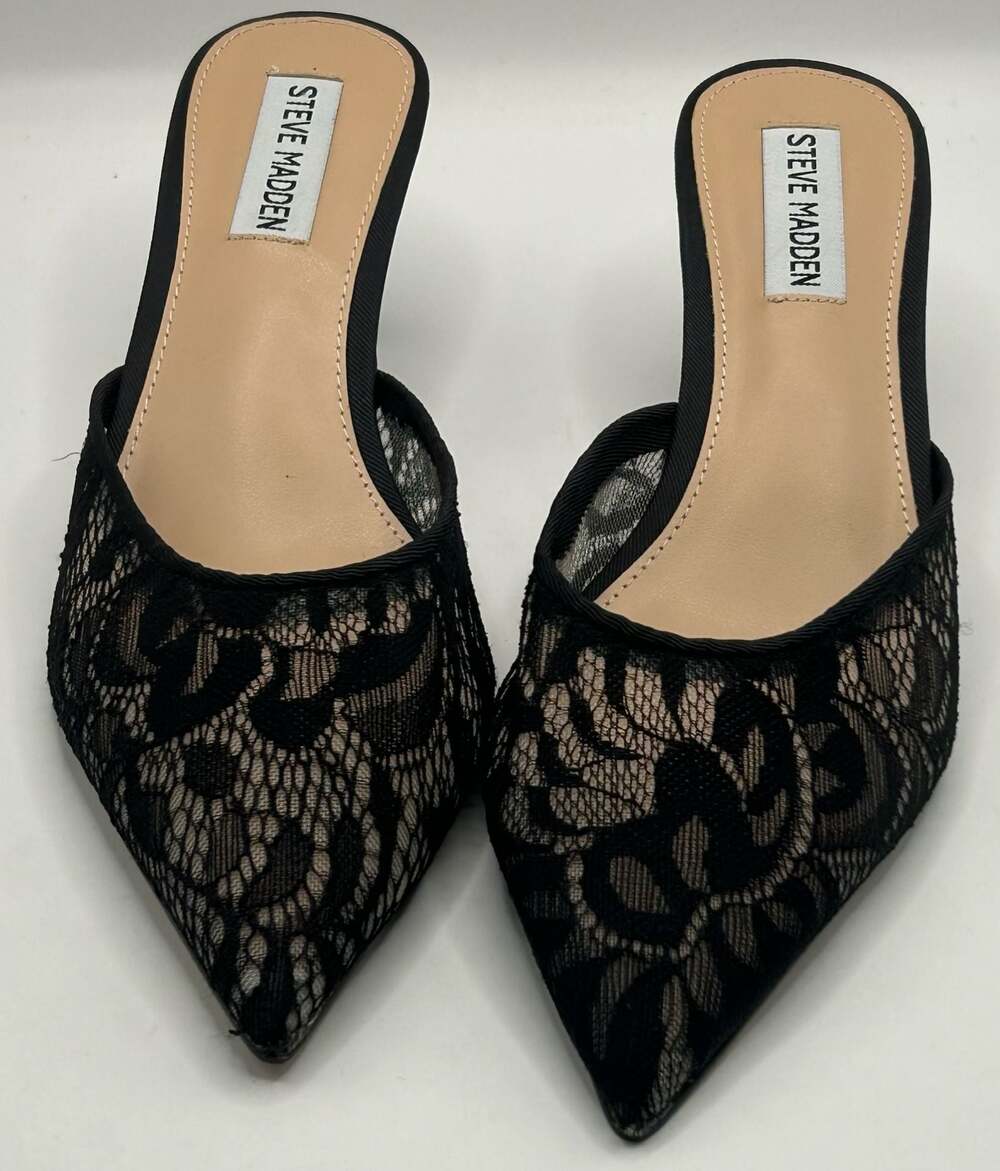 Steve Madden Mariano-L Black Lace Kitten Heel Mules